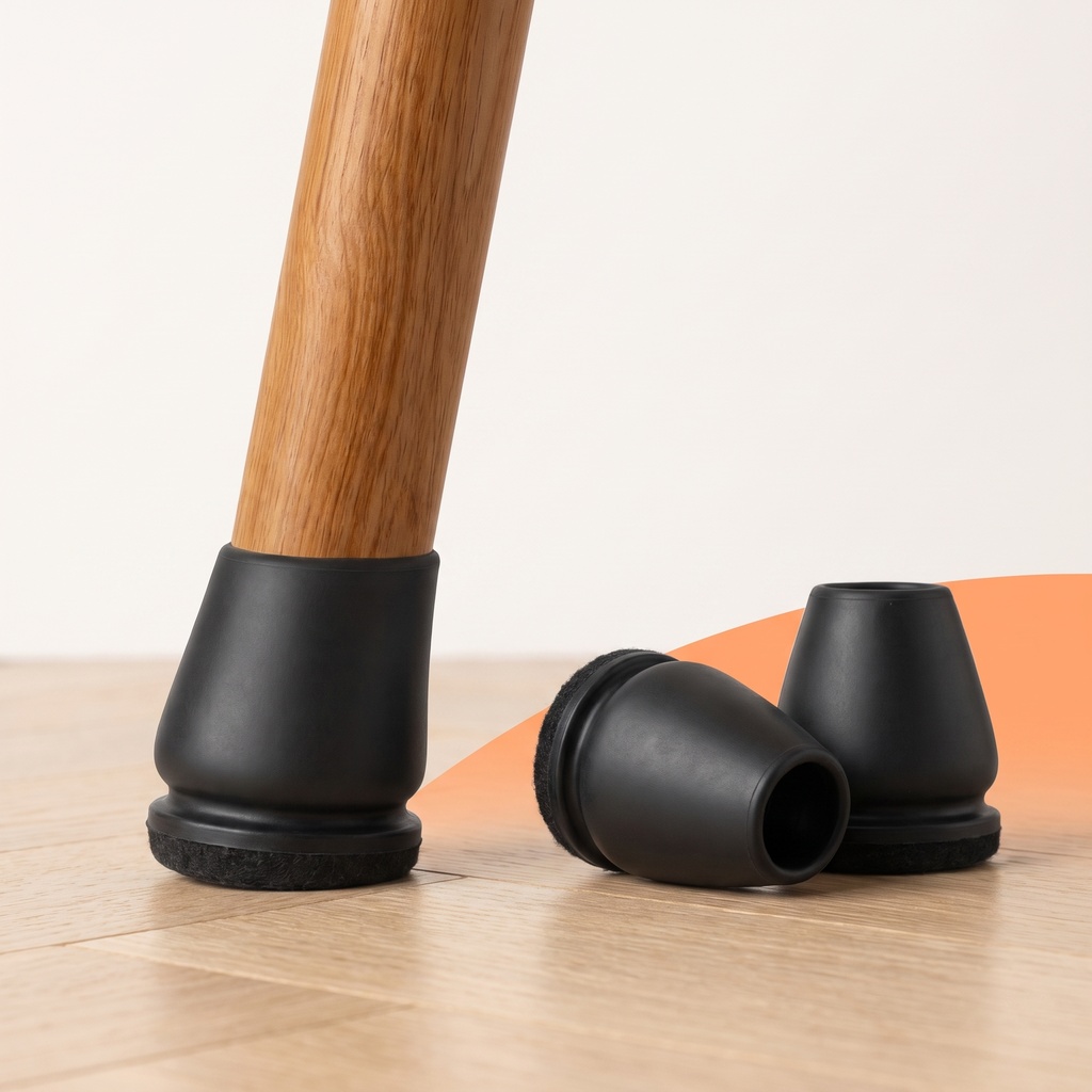 Embouts de pieds de chaise Korasens noirs avec patin feutré sur parquet