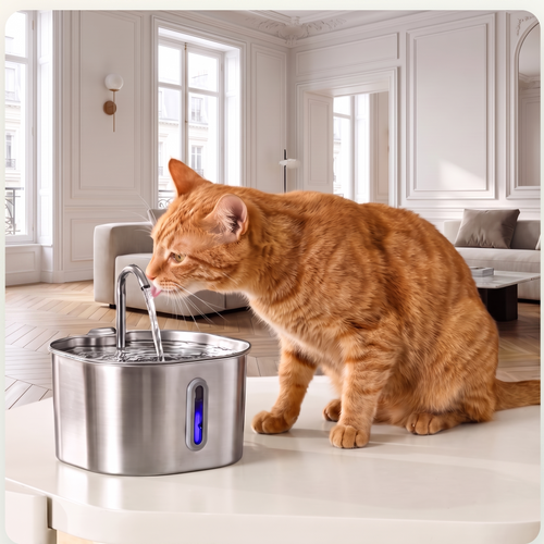 Fontaine à eau inox Korasens avec chat roux