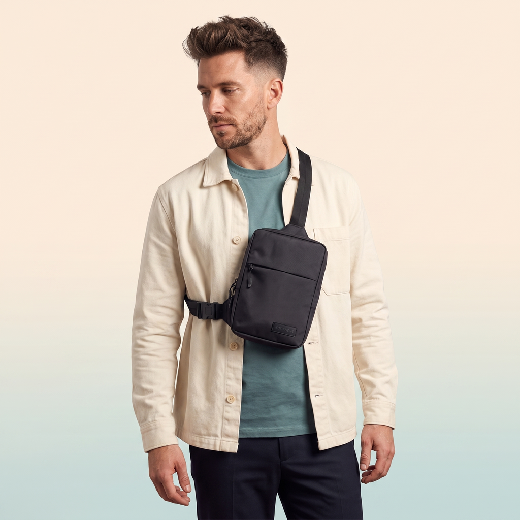 Homme portant le Slingbag Nomade Korasens en studio