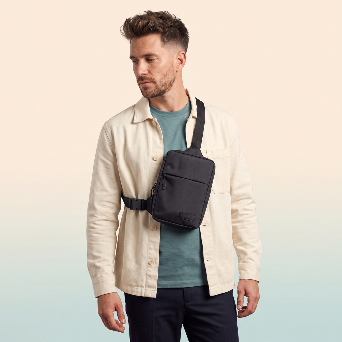 Homme portant le Slingbag Nomade Korasens en studio