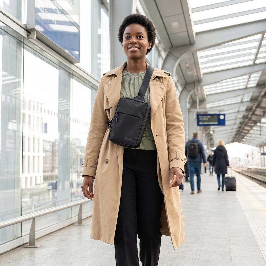 Femme portant le Slingbag Nomade Korasens en voyage
