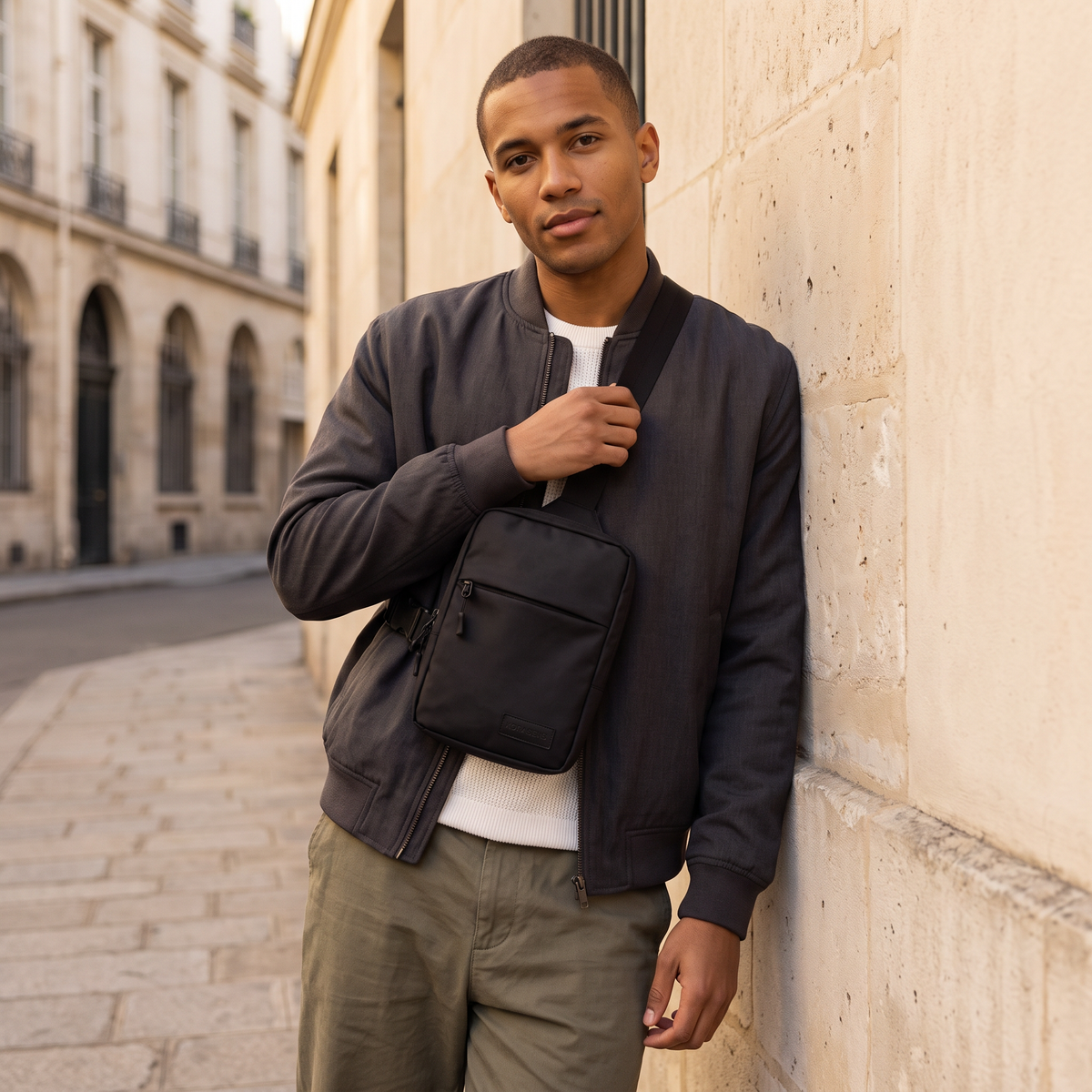 Homme portant le Slingbag Nomade Korasens à Paris