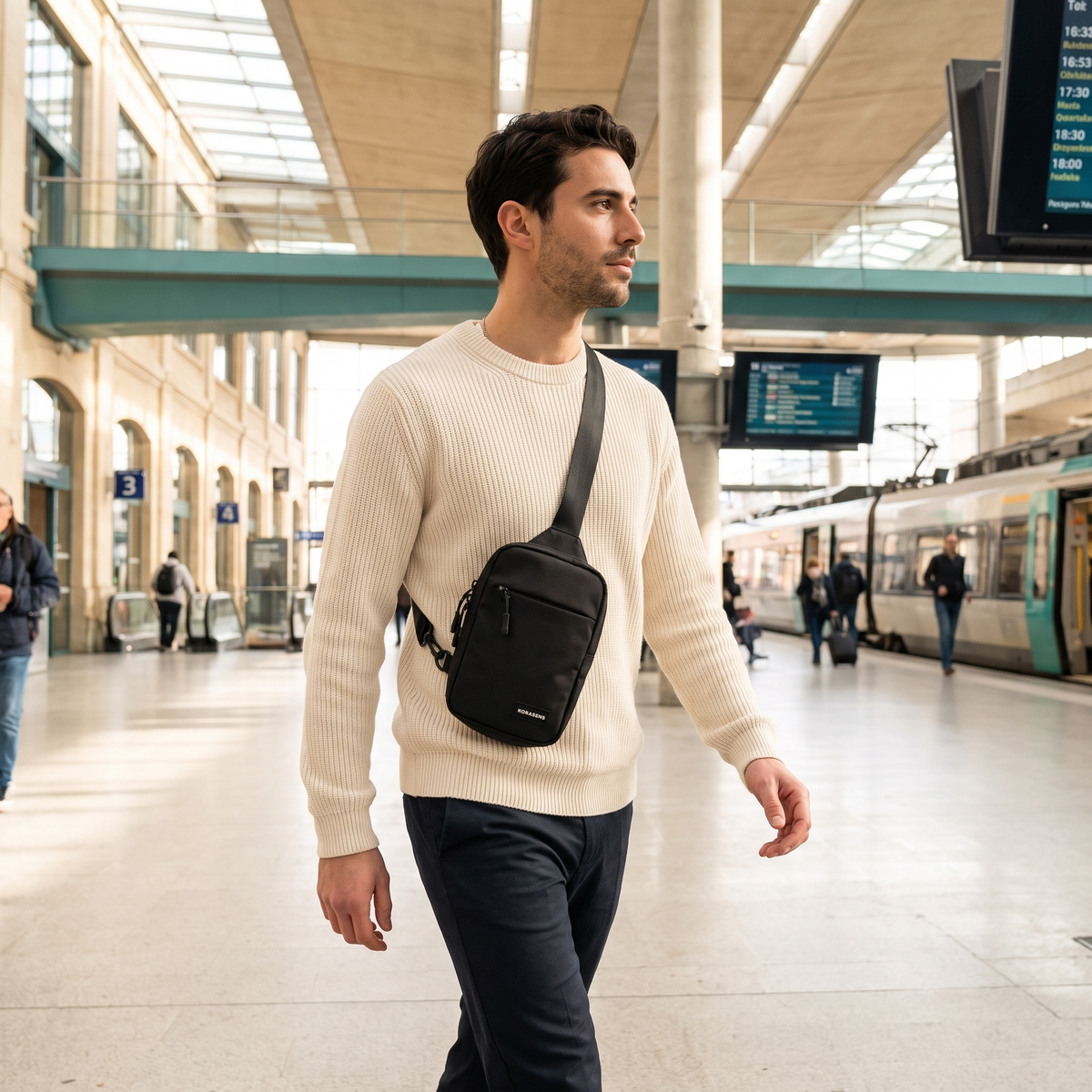 Slingbag Nomade Korasens porté en voyage